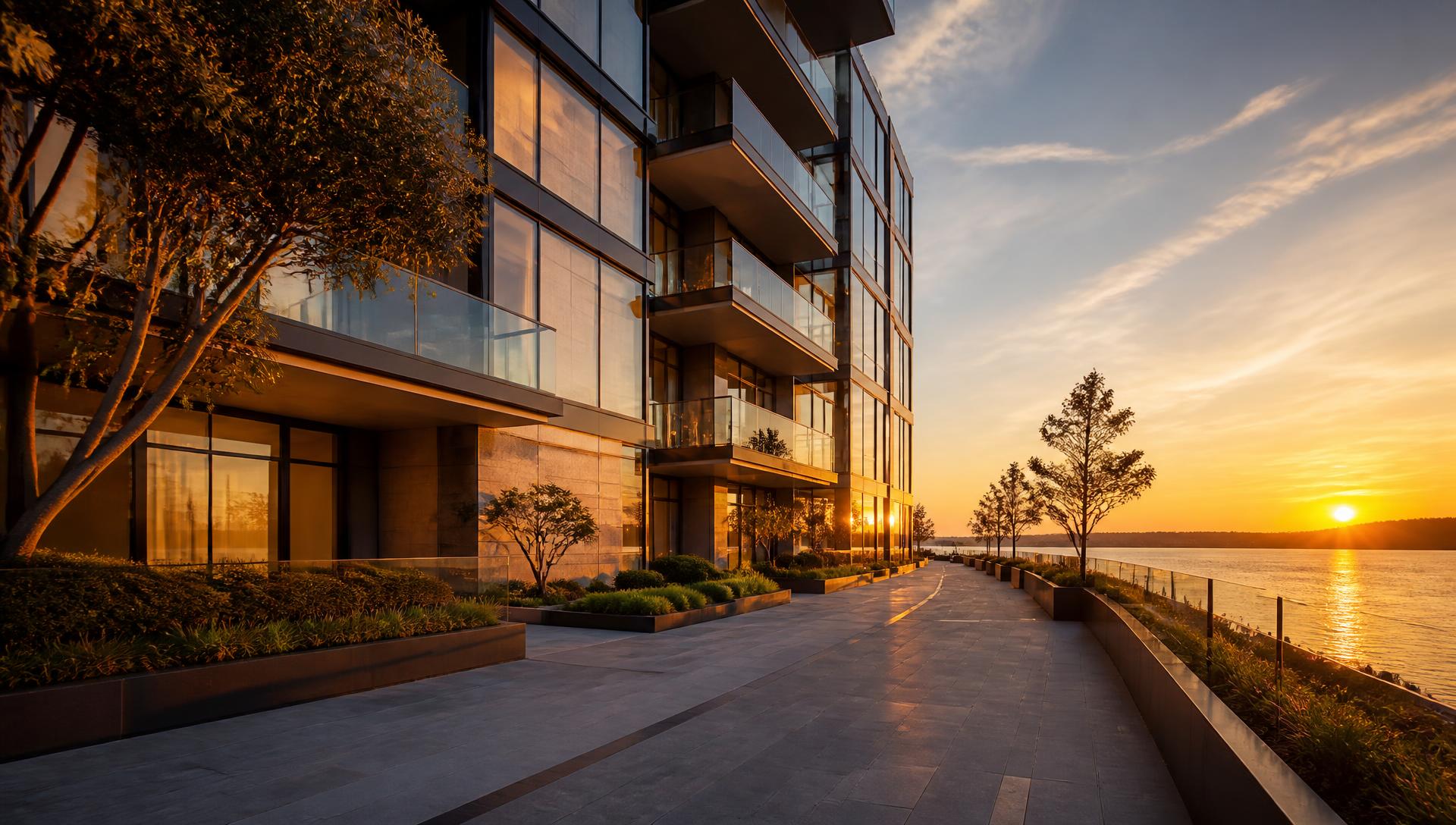Empreendimento imobiliário premium ao entardecer