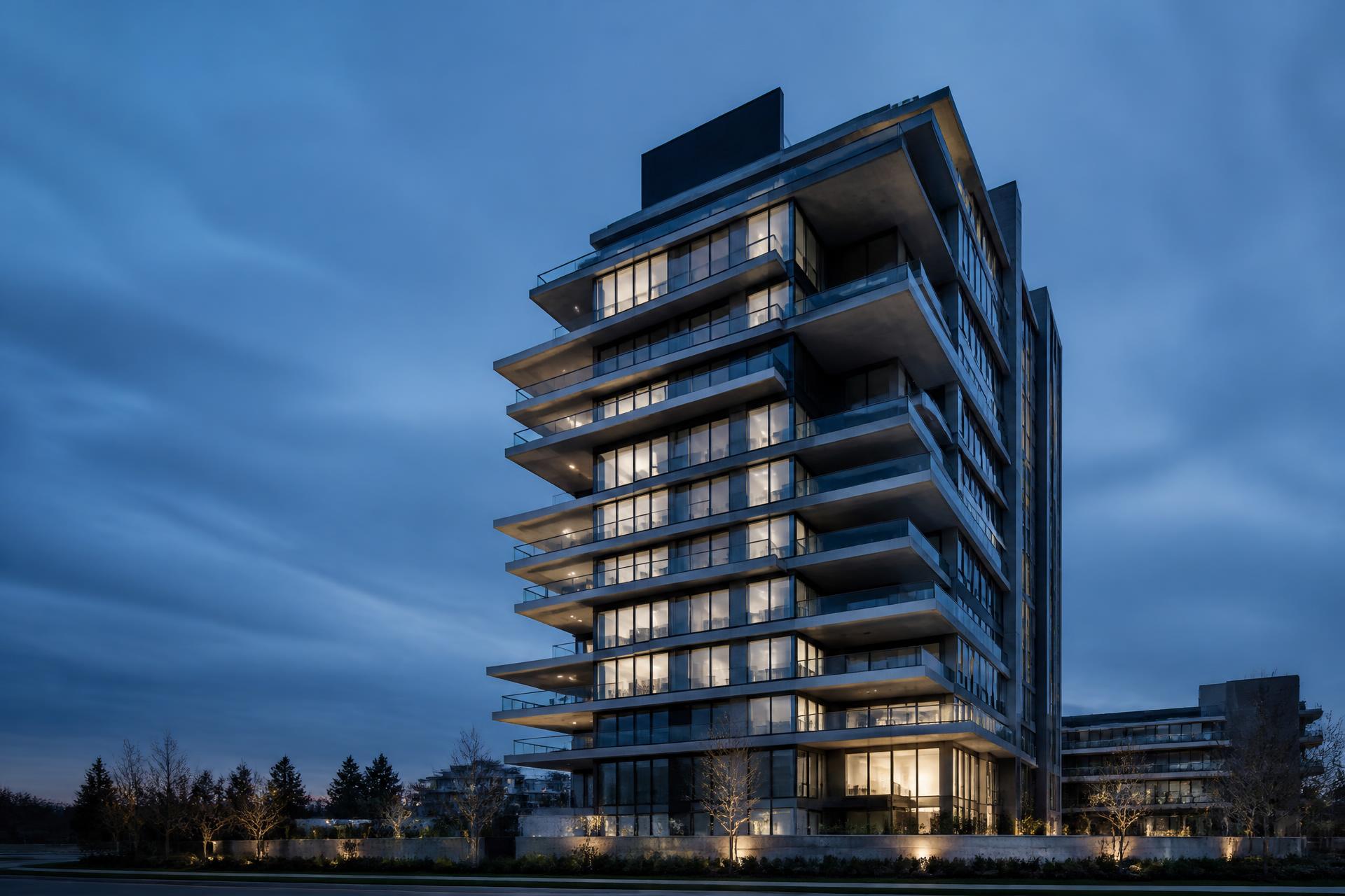 Edifício residencial contemporâneo de alto padrão ao entardecer